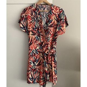 Zara Basic Blue Red Floral Ikat Palm Tropical Romper Size Small